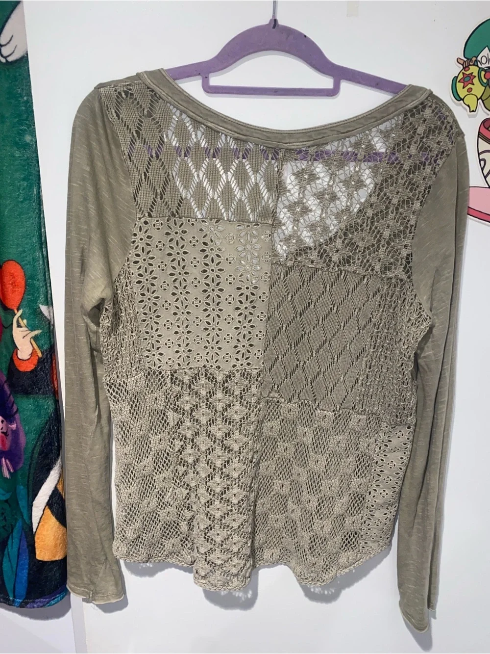 Free People Olive Crochet Lace Patchwork Long Sleeve Boho Top M